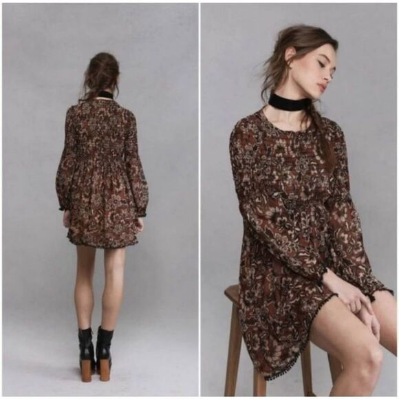 For Love & Lemons Gracie Shirred Mini Dress Sz XS Chocolate Flower Bohemian - Picture 11 of 12
